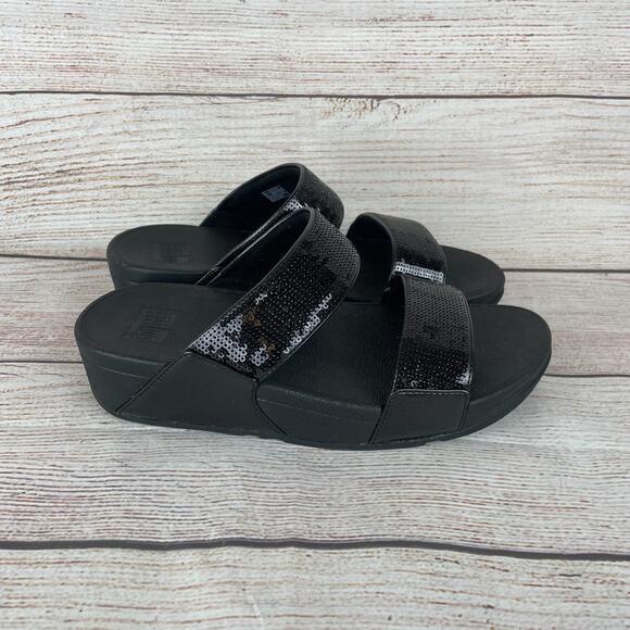 FitFlop Lulu Sequin Slides Womens Size 7 Sandals All Black - Picture 4 of 10